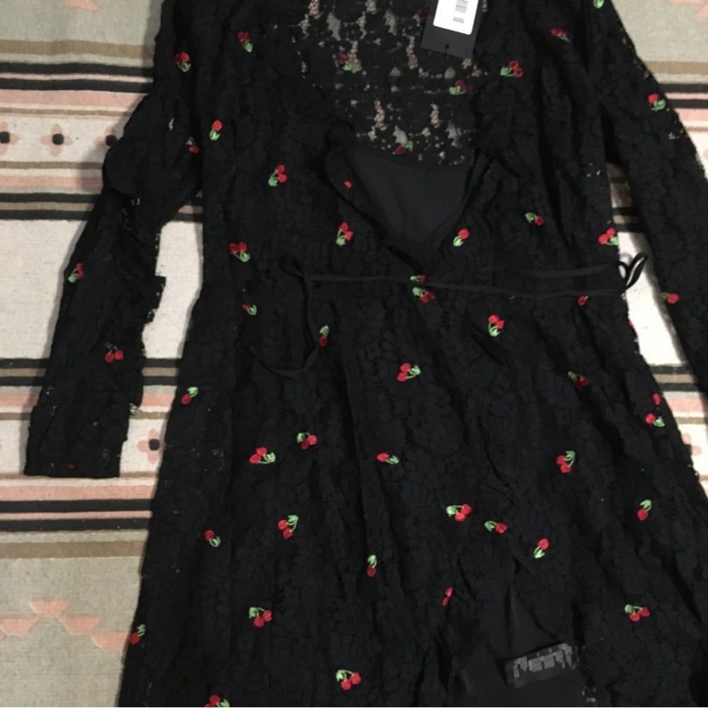 The Kooples FR 2 US Medium lace wrap mini dress long sleeve ruffles red cherries